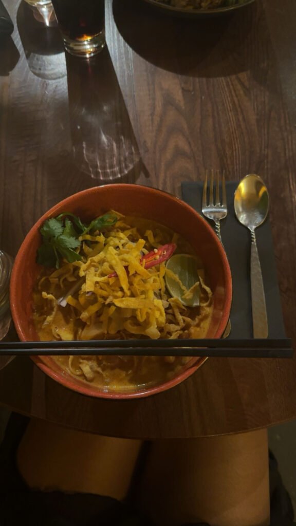 Here's a snap of the Pad Thai Noodles Curry with Chicken that I had in a restaurant in Central London - and let me tell you , the flavour was out of this world!
This Particular dish came in at around 560kcal for a small plate, but it was surprisingly filling and incredibly satisfying. It's proof that eating out doesn't have to derail your healthy habits - with a little balance and smart choices, you can enjoy your favourite meals without overindulging.
For starters, my friend and I ordered chicken satay and crispy duck rolls- and instead of having a full portion each, we shared both plates. it's a simple way to enjoy variety while keeping portion sizes in check.